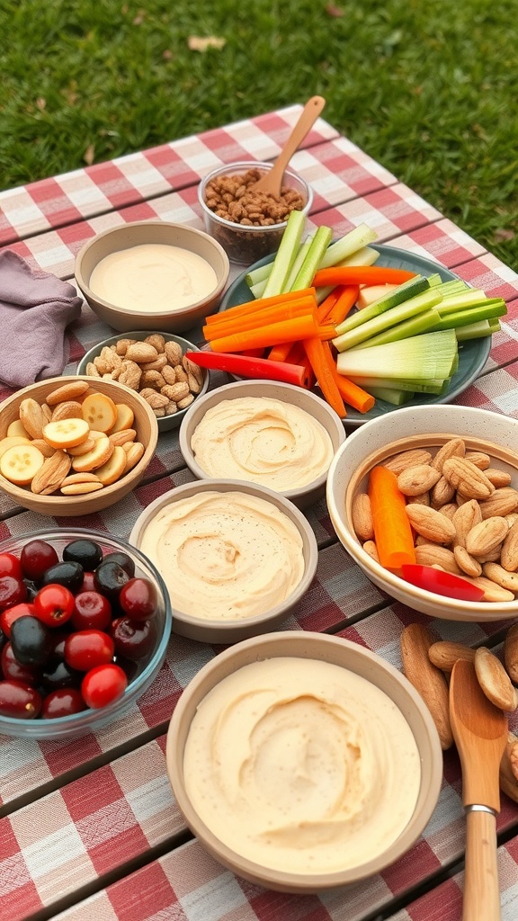 A colorful spread of fresh vegetables, fruits, and dips on a picnic blanket.