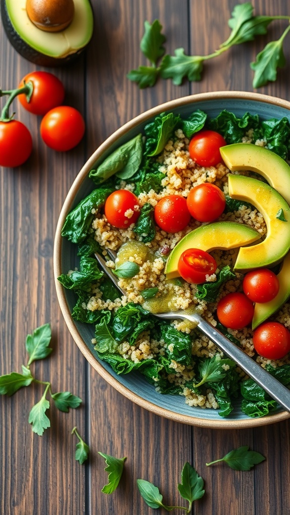 A nourishing quinoa and kale salad with cherry tomatoes and avocado, served in a bowl on a wooden table.