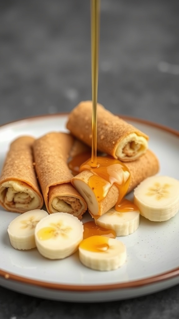 Nut butter and banana roll-ups with banana slices and syrup