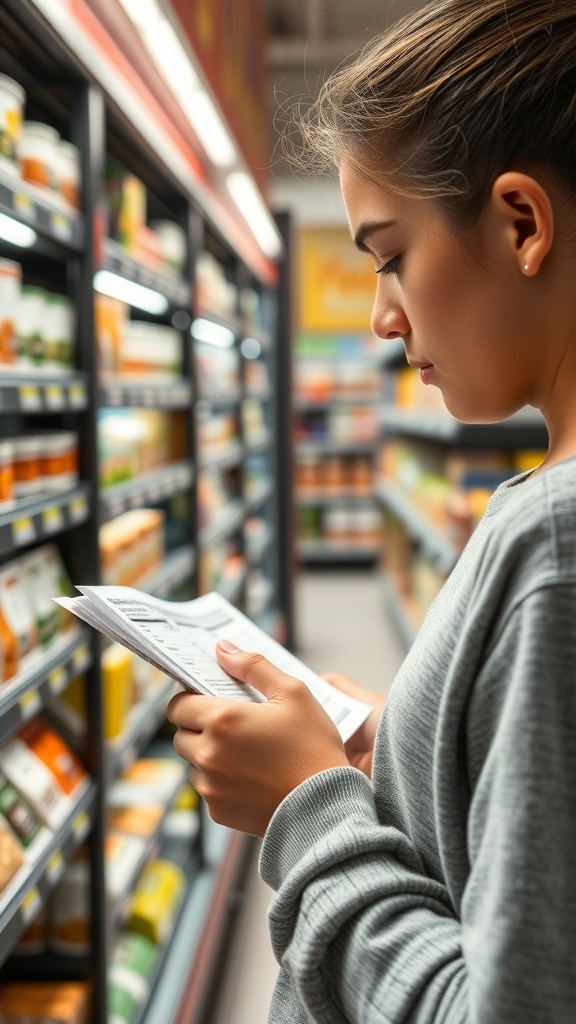 A student reading a nutritional label in a grocery store aisle.