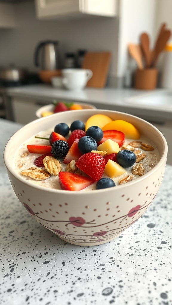 A bowl of overnight oats topped with fresh fruits and nuts, set on a kitchen counter.