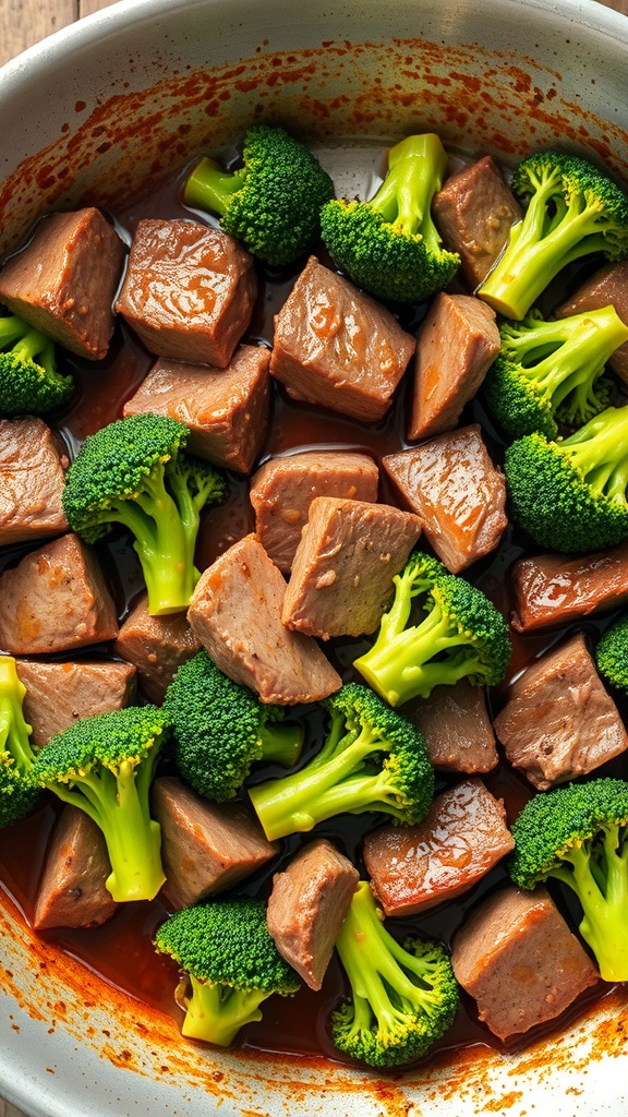 A one-pan meal featuring chunks of beef and broccoli in a savory sauce.