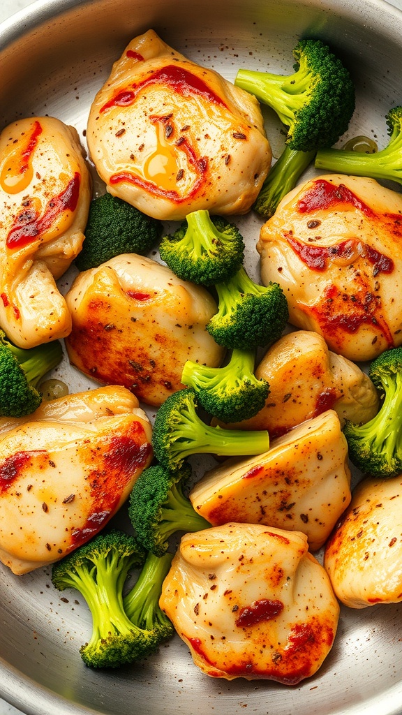 One-pan chicken and broccoli dish with juicy chicken thighs and vibrant broccoli florets.