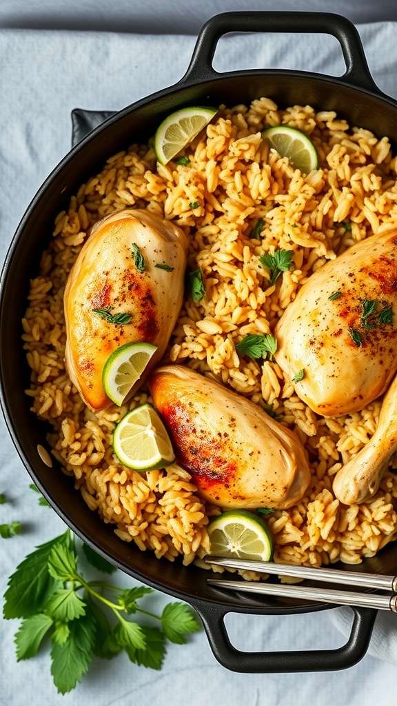 A one-pan chicken and rice bake with lime slices and cilantro