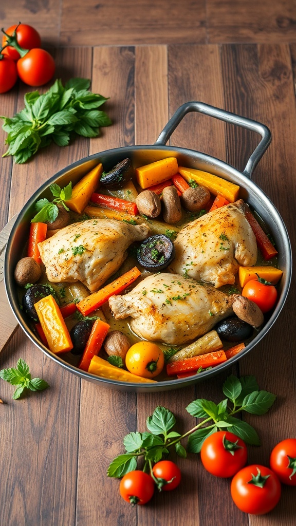 A one-pan chicken and veggie bake with colorful vegetables and juicy chicken thighs.