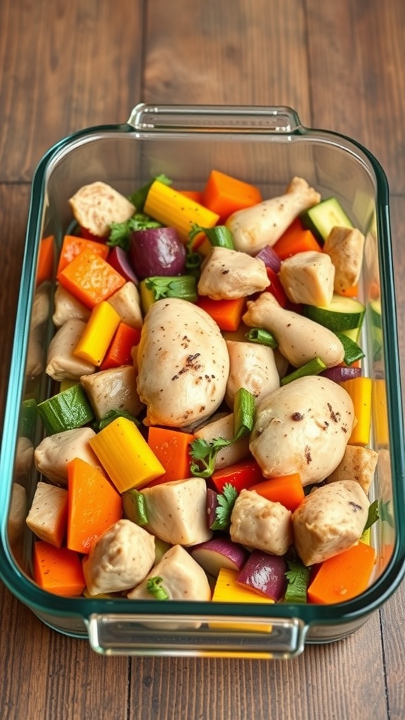 A glass dish filled with chicken pieces and colorful chopped vegetables ready for cooking.