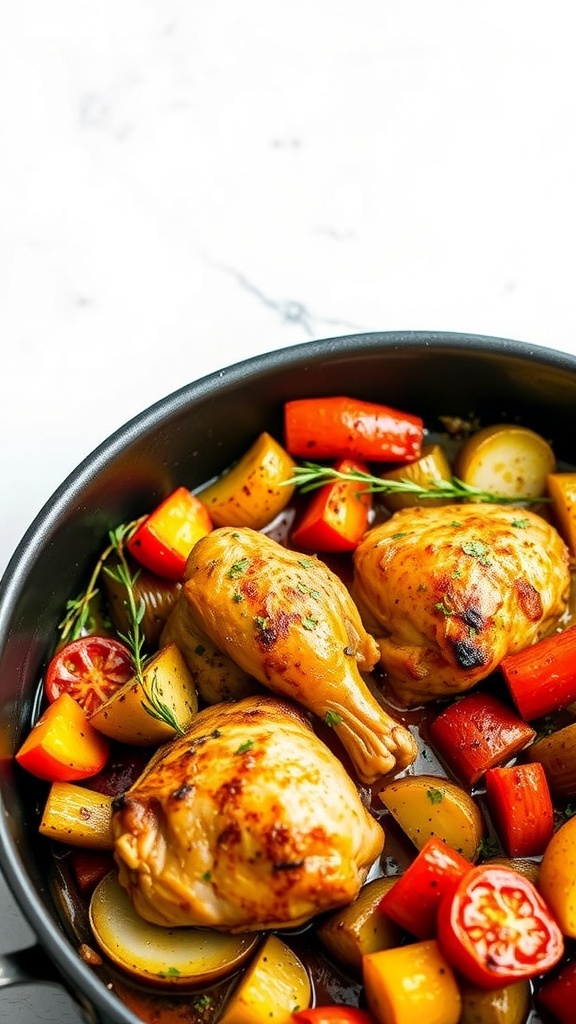 A one-pan meal featuring chicken thighs and colorful vegetables, ready to be served.
