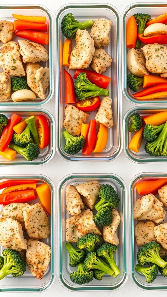 Meal prep containers filled with chicken and colorful vegetables