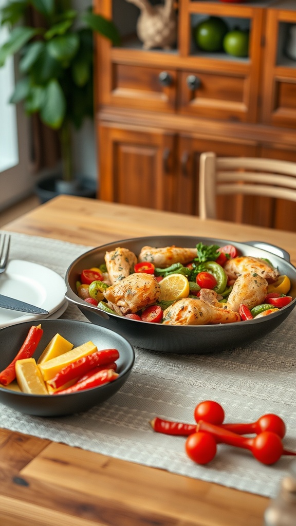 A delicious one-pan chicken and veggies dish with colorful bell peppers and cherry tomatoes, garnished with lemon slices.