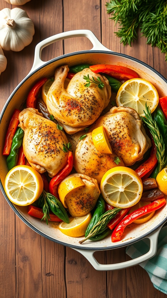 A one-pan dish featuring lemon garlic chicken with colorful bell peppers and lemon slices.