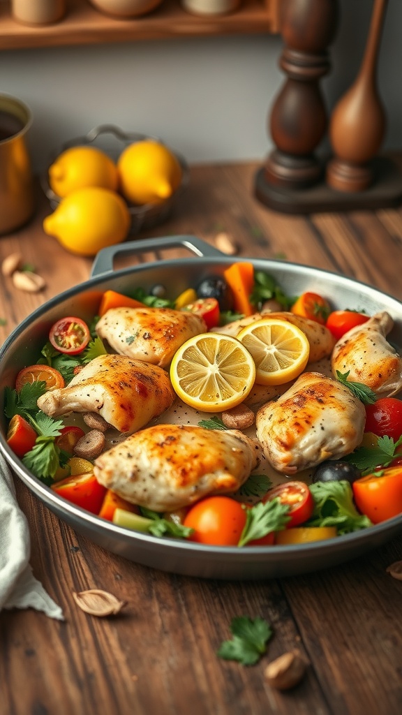 A one-pan meal featuring lemon garlic chicken thighs surrounded by colorful vegetables on a wooden table.