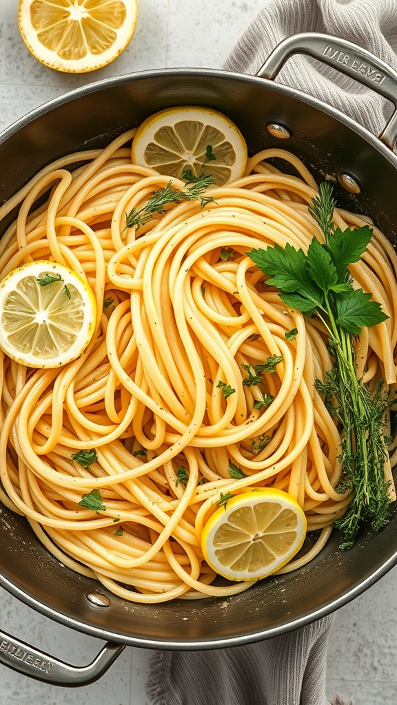 A pot of lemon garlic pasta with lemon slices and fresh herbs.