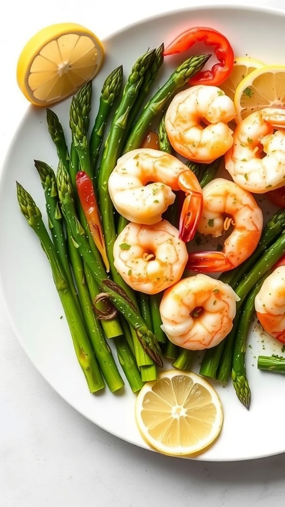 A plate of lemon garlic shrimp with asparagus and lemon slices.