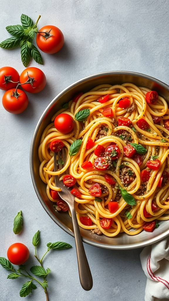 A bowl of pasta primavera with cherry tomatoes and basil, surrounded by fresh tomatoes.
