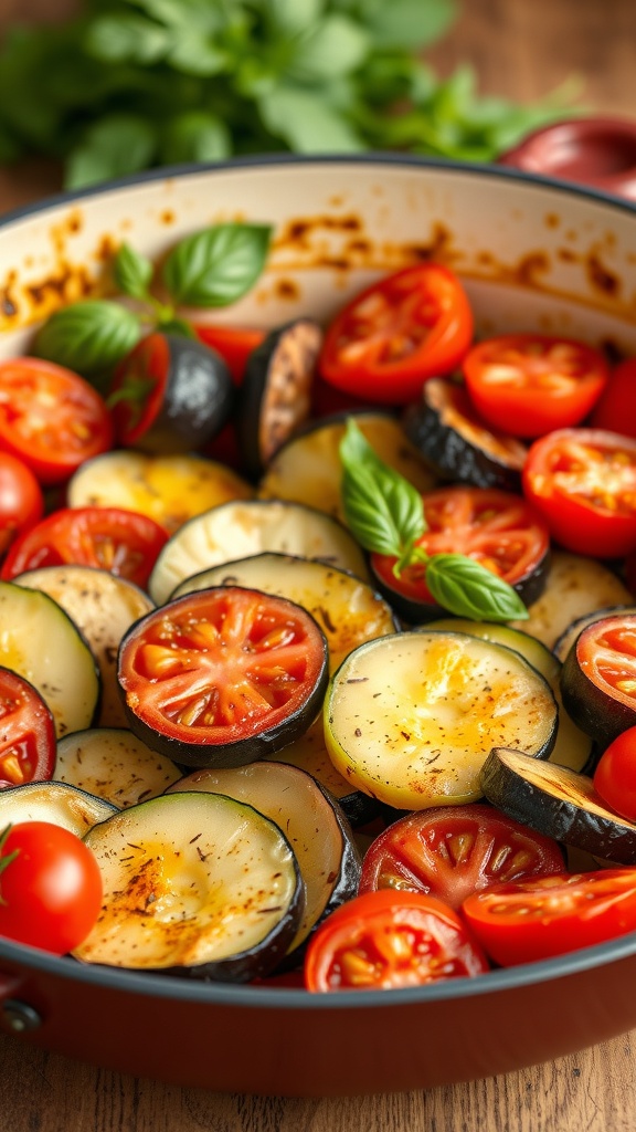 A colorful one-pan ratatouille with sliced zucchini, eggplant, and cherry tomatoes garnished with fresh basil.