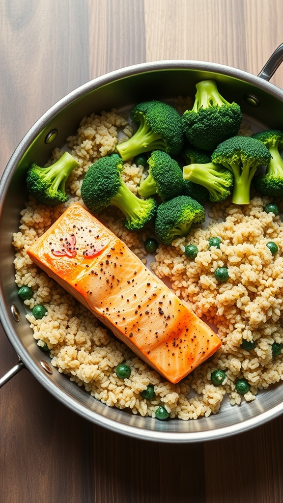 A one-pan meal featuring salmon, broccoli, and quinoa, showcasing a healthy and colorful dish.