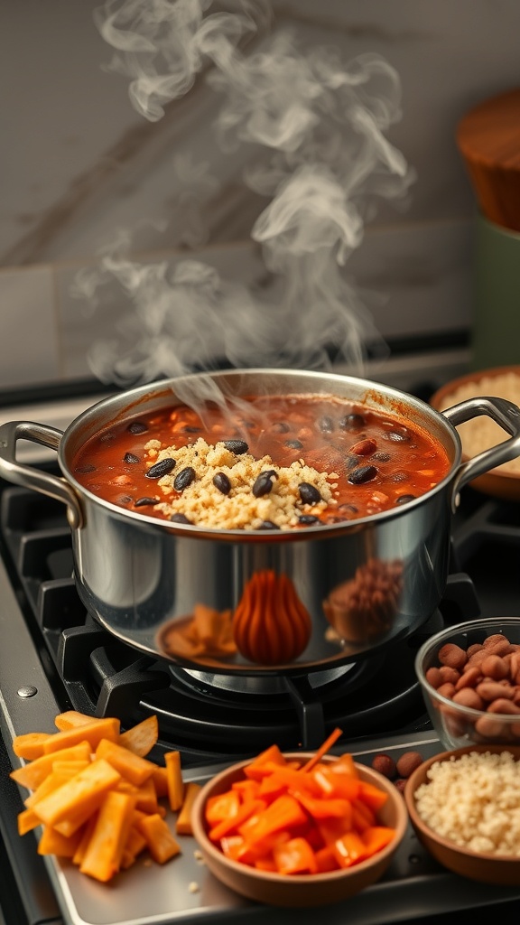 A steaming pot of quinoa and black bean chili on a stove, surrounded by chopped vegetables.