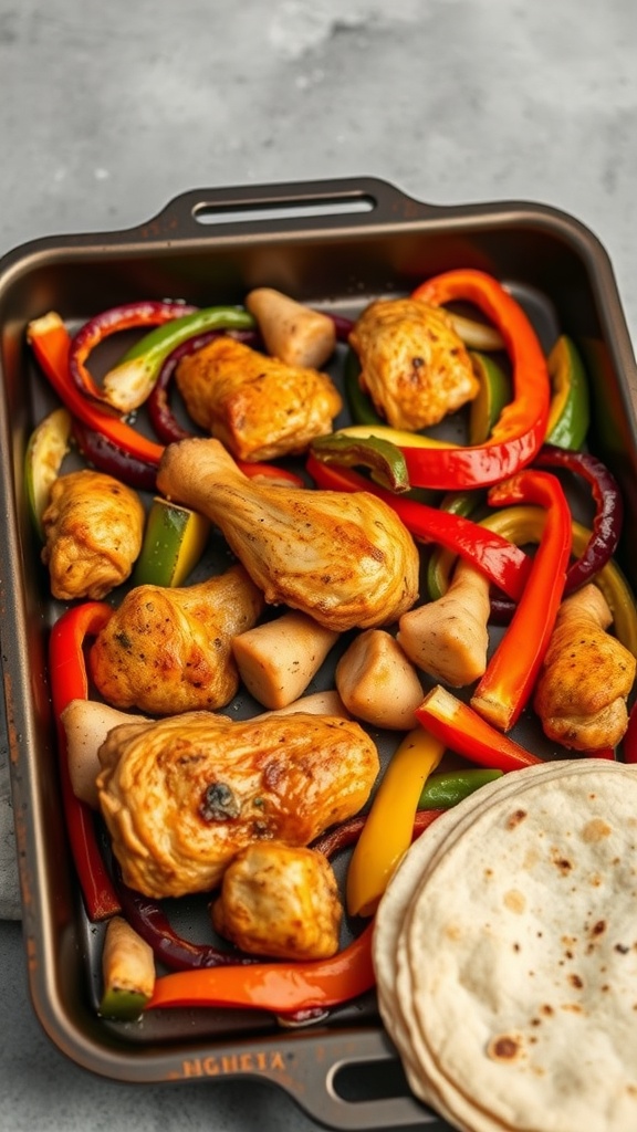 A tray of oven-baked chicken fajitas with colorful bell peppers and tortillas