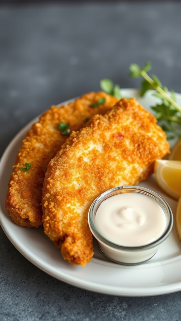Oven-baked fish sticks served with a dipping sauce and lemon wedges