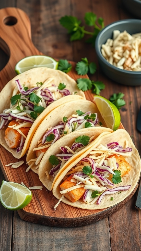 Oven-baked fish tacos with cabbage slaw on a wooden board, garnished with lime and cilantro.