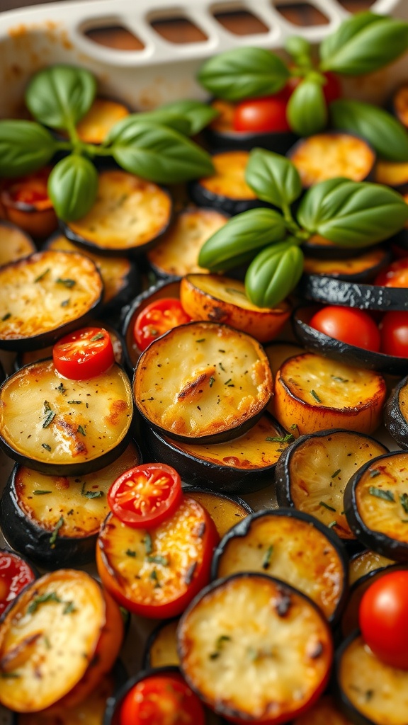 A colorful dish of oven-baked ratatouille featuring sliced eggplant, zucchini, cherry tomatoes, and fresh basil.