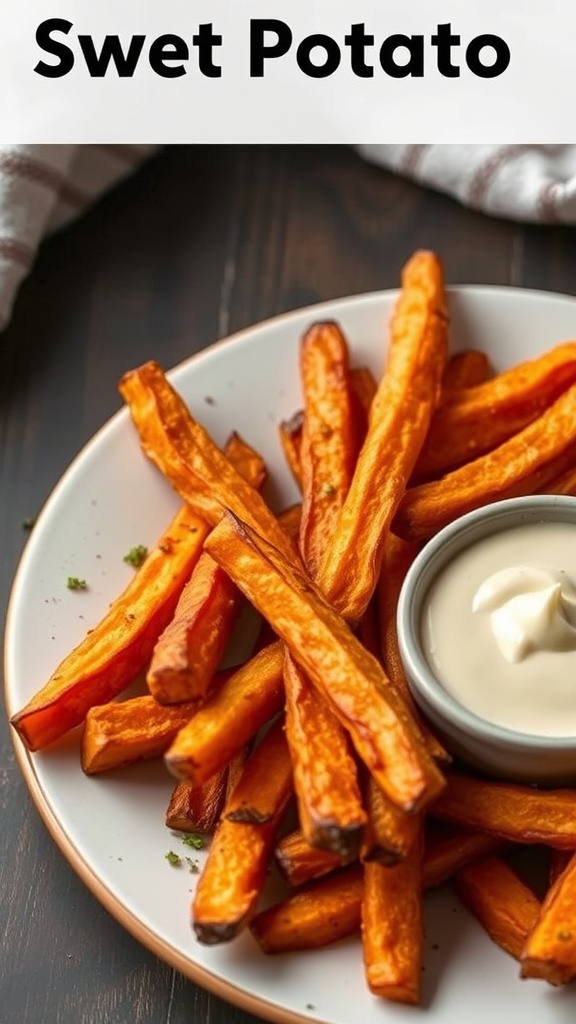 Oven-baked sweet potato fries served with a creamy dip
