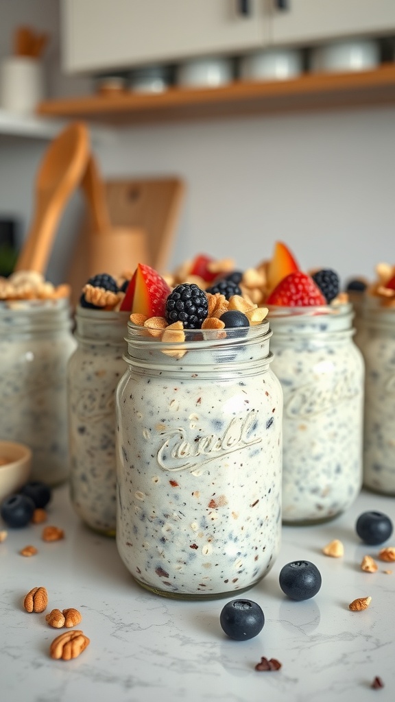 Jars of overnight oats topped with fresh fruits and nuts