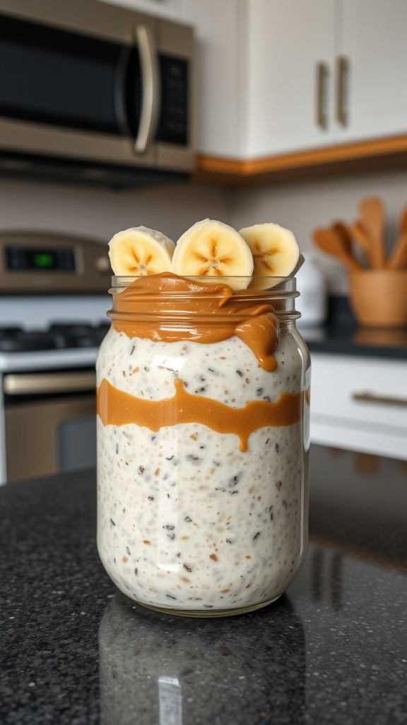 A jar of overnight oats topped with almond butter and banana slices on a kitchen countertop.