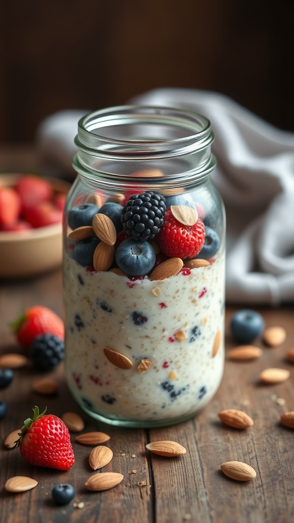 A jar of overnight oats topped with almonds and mixed berries on a wooden table.
