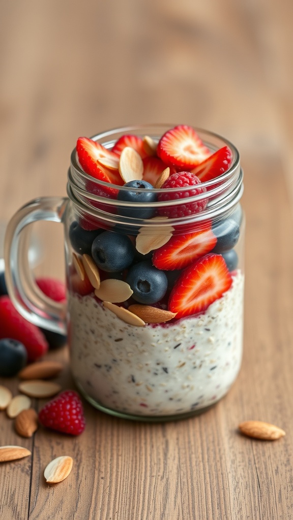 A jar of overnight oats topped with fresh berries and almonds on a wooden table.