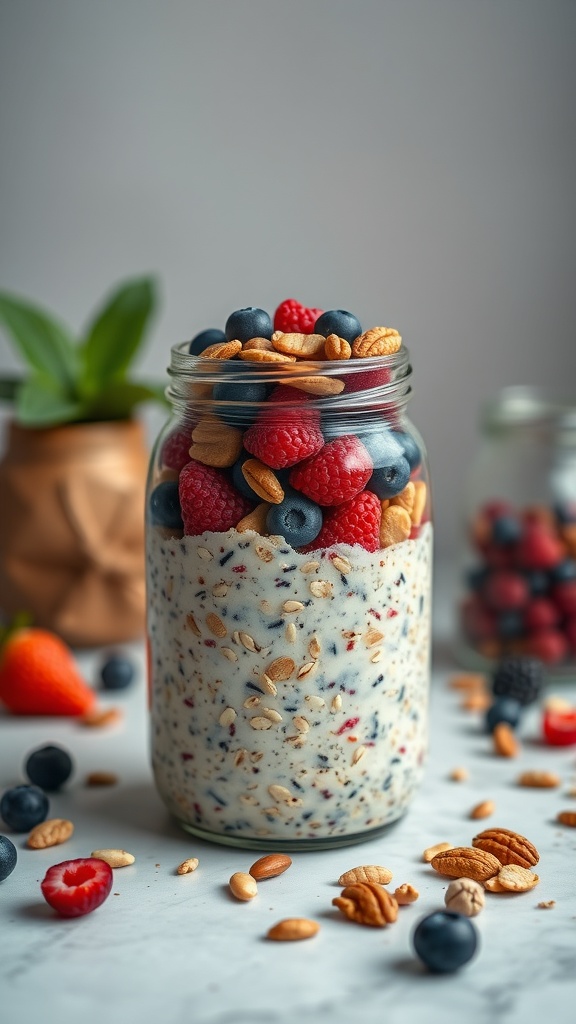 A jar of overnight oats topped with berries and nuts, showcasing a healthy meal prep option.