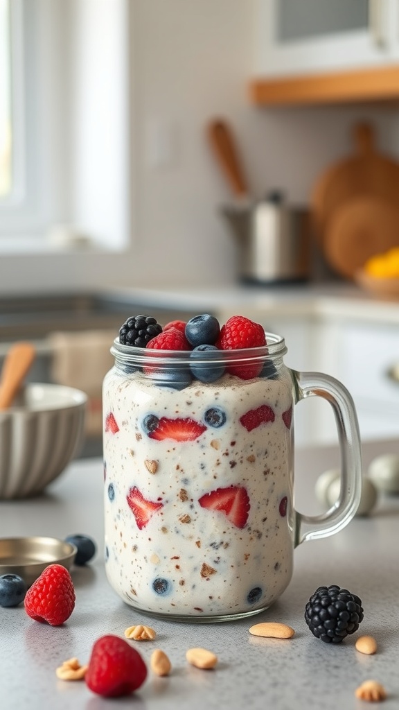 A jar of overnight oats topped with fresh berries on a kitchen counter.