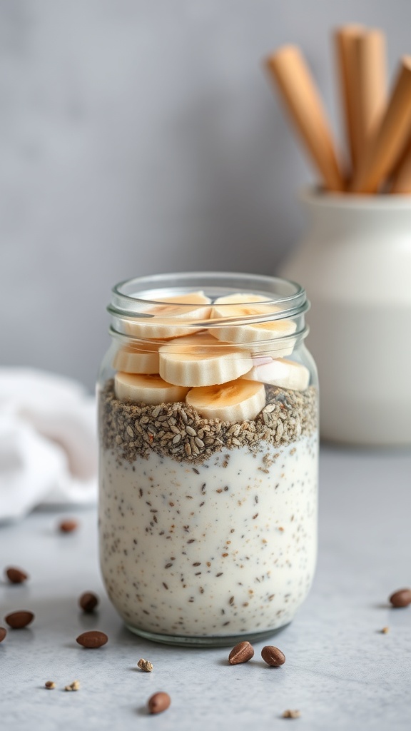 A jar of overnight oats with chia seeds and banana slices on top.