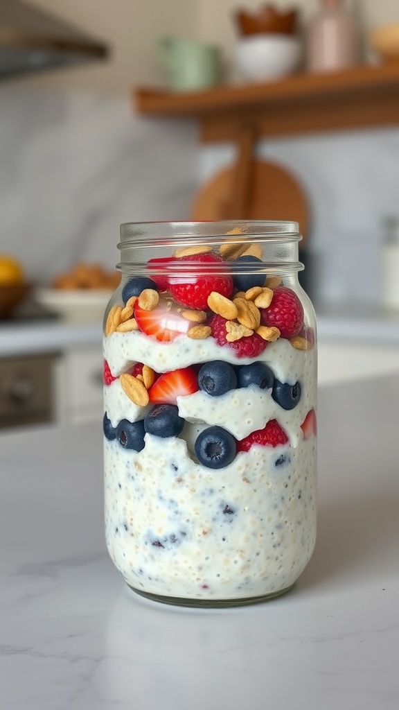 A jar of overnight oats layered with fresh strawberries, blueberries, and raspberries, topped with nuts.