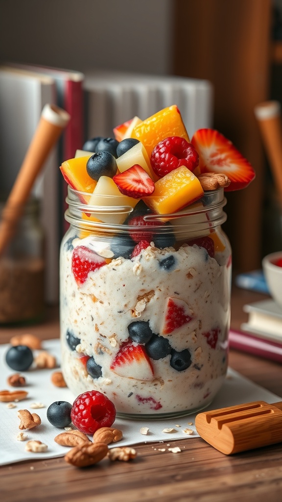 A jar of overnight oats topped with fresh fruits like strawberries, blueberries, mango, and raspberries, placed on a wooden table.