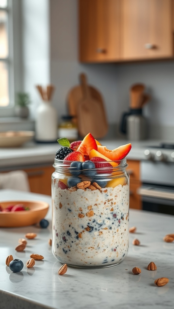 A jar of overnight oats topped with seasonal fruits like strawberries, blueberries, and peaches.
