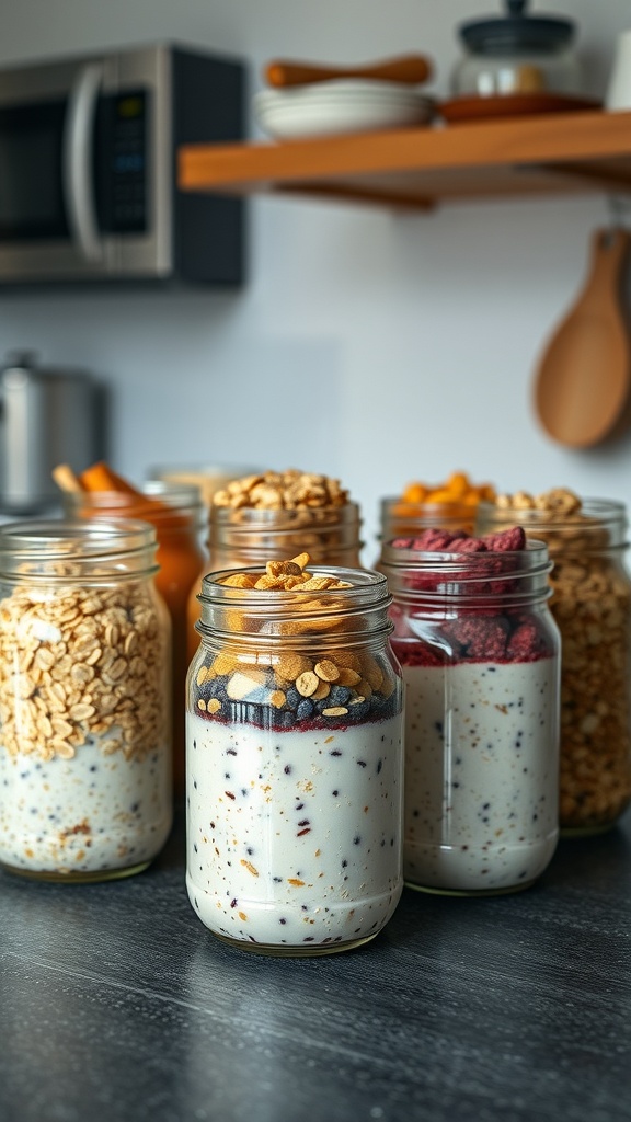 Jars of overnight oats with different toppings like granola and berries on a kitchen counter.