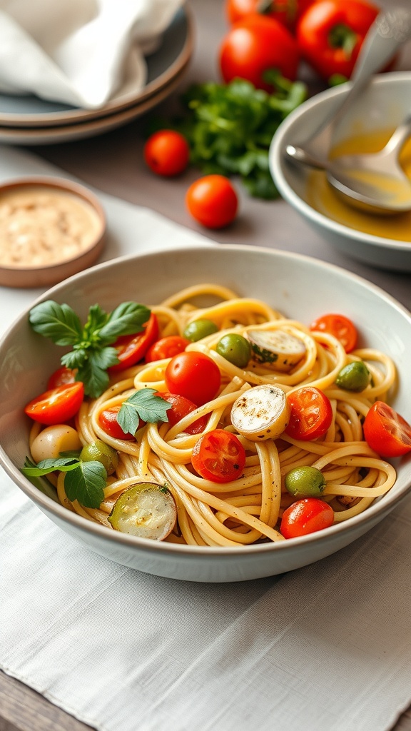 A bowl of Pasta Primavera with cherry tomatoes and zucchini, garnished with fresh basil.