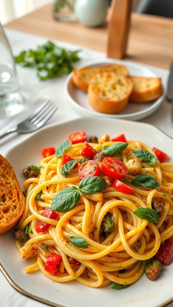 A plate of Pasta Primavera with garlic bread on the side, featuring colorful vegetables and fresh basil.