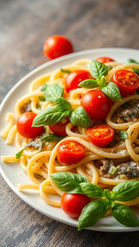 A plate of Pasta Primavera with cherry tomatoes and basil