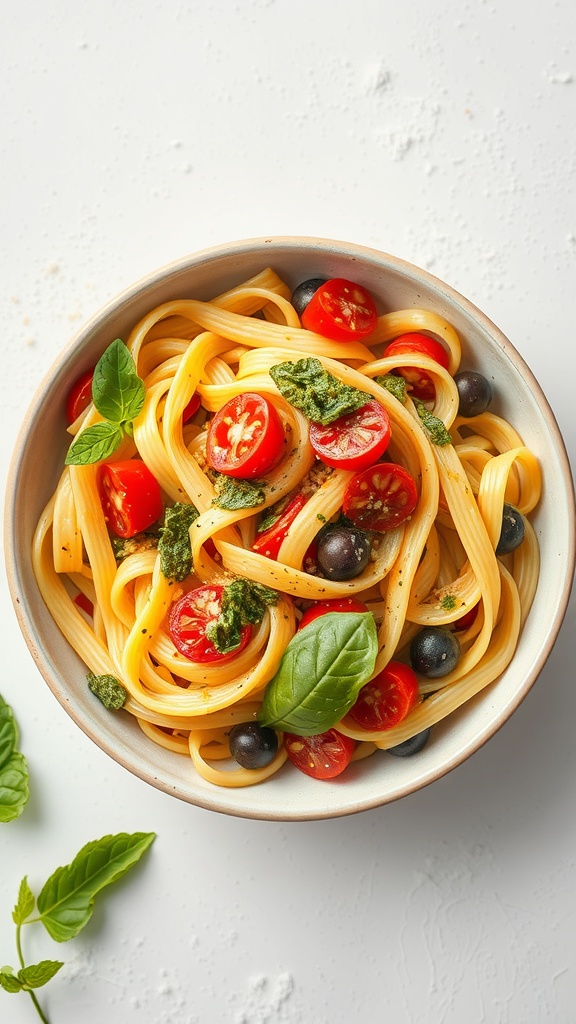 A bowl of Pasta Primavera with Pesto featuring spaghetti, cherry tomatoes, black olives, and fresh basil.