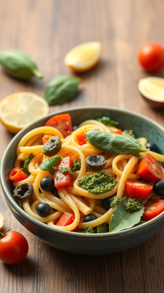 A bowl of Pasta Primavera with Pesto, featuring colorful vegetables and fresh basil.