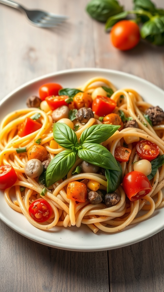 A plate of Pasta Primavera with seasonal vegetables, garnished with fresh basil.