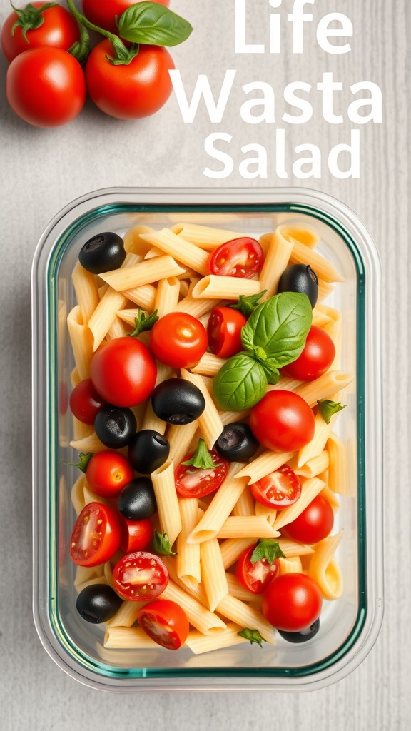 A colorful pasta salad with cherry tomatoes, olives, and basil in a glass container.