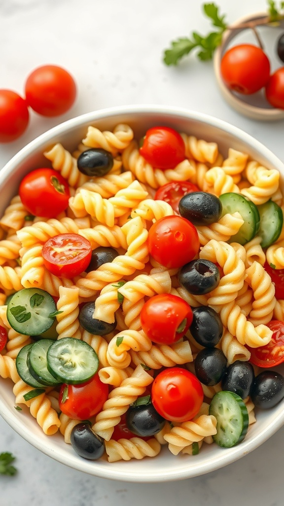 A colorful bowl of pasta salad with cherry tomatoes, cucumbers, and black olives.
