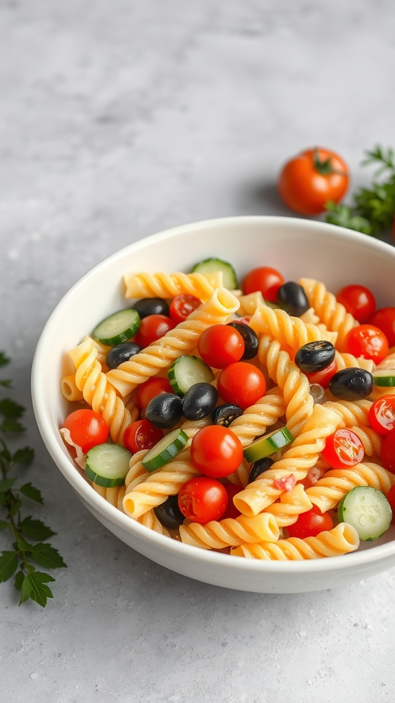A bowl of pasta salad with cherry tomatoes, cucumbers, and olives.