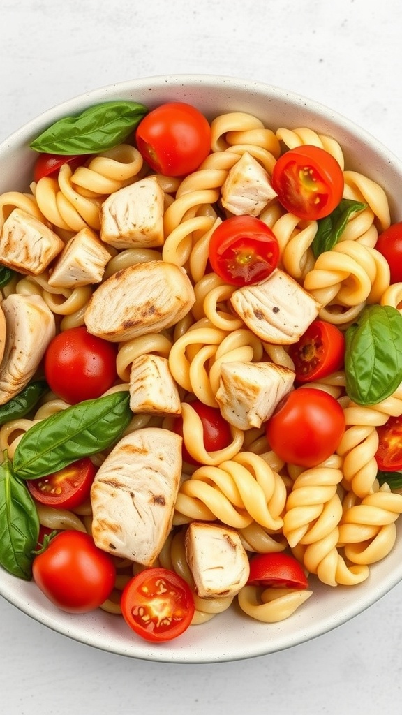 A colorful bowl of pasta salad with grilled chicken, cherry tomatoes, and fresh basil.