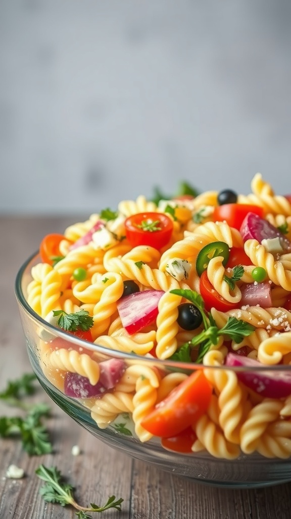 A colorful bowl of pasta salad with cherry tomatoes, olives, and fresh herbs.