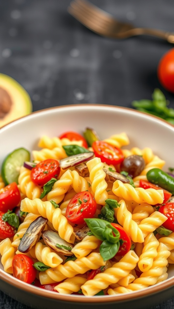 A colorful bowl of pasta salad with cherry tomatoes and fresh basil.