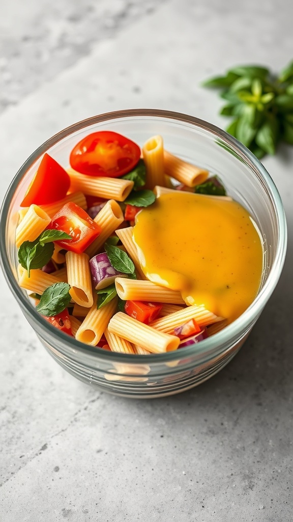 A bowl of pasta salad with cherry tomatoes, bell peppers, and Italian dressing.